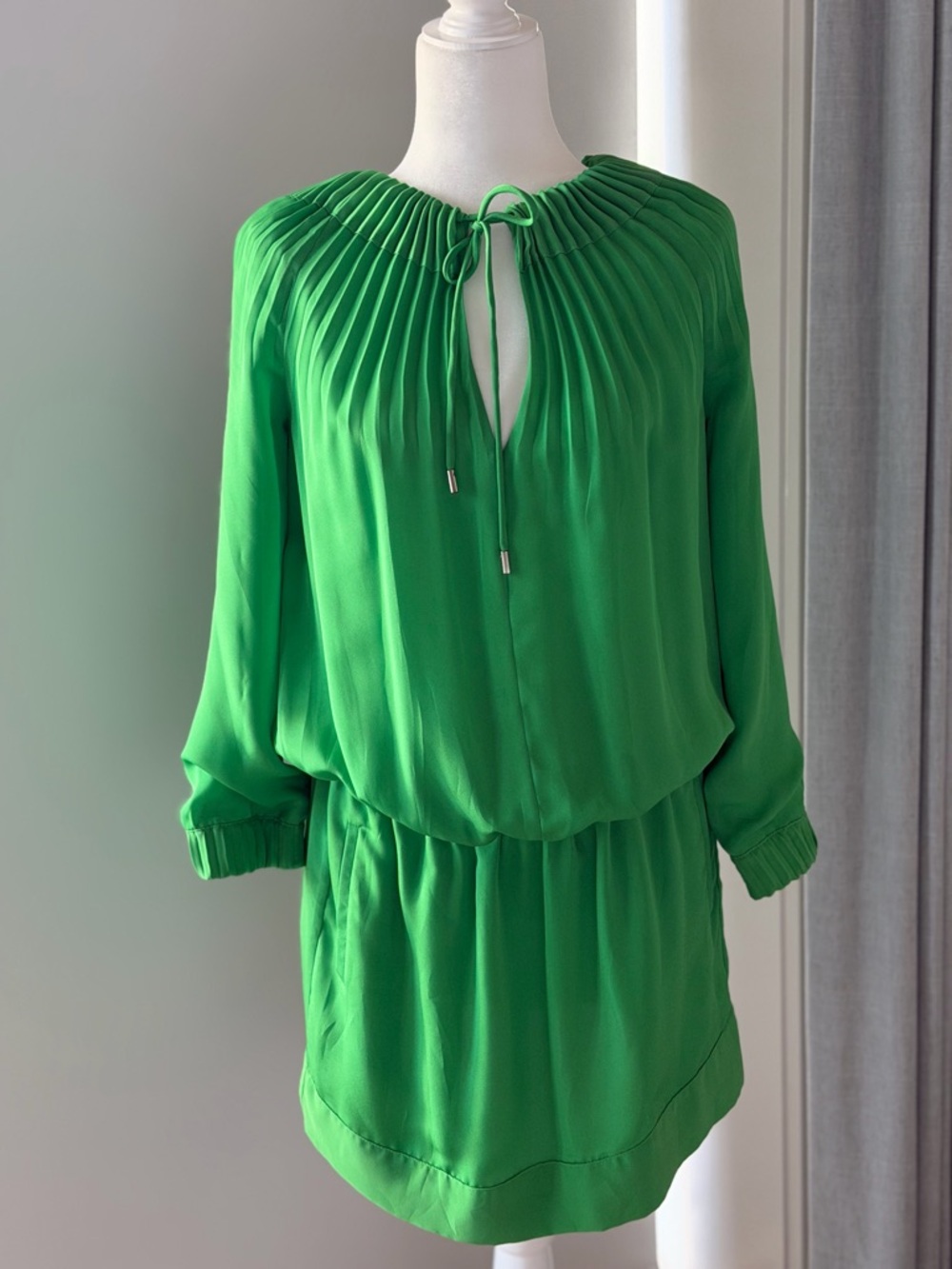 Diane Von Furstenberg Bright Green Pleated-Neck Mini Dress
